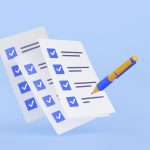 3d illustration pen putting blue ticks paper