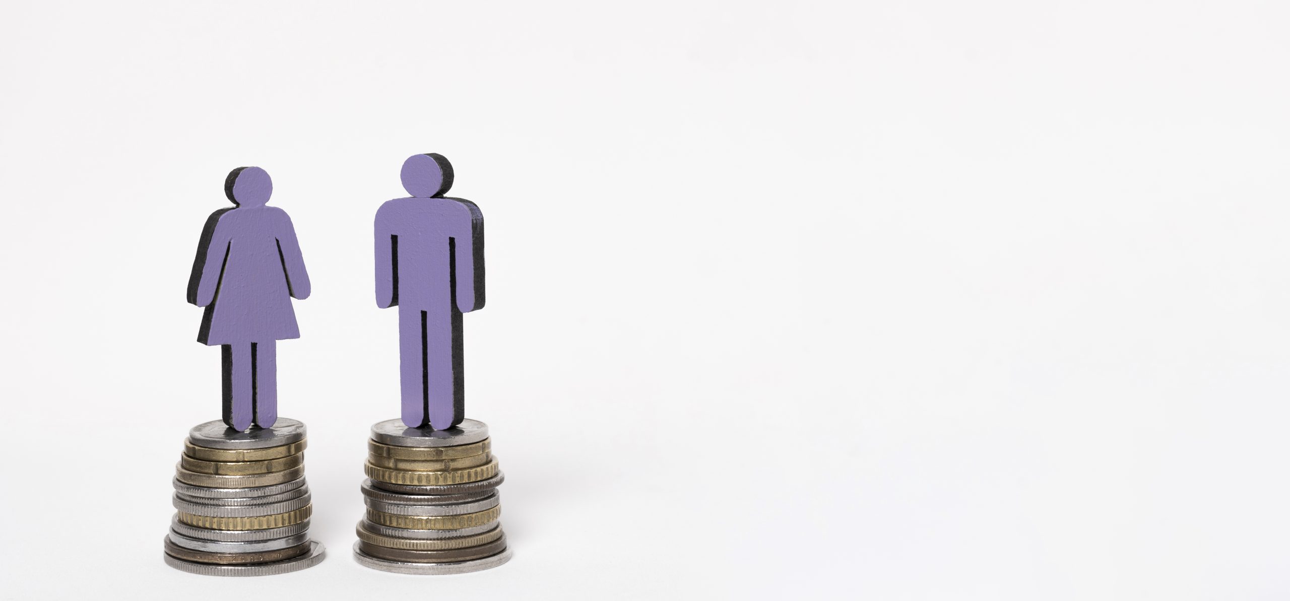 man woman standing piles coins